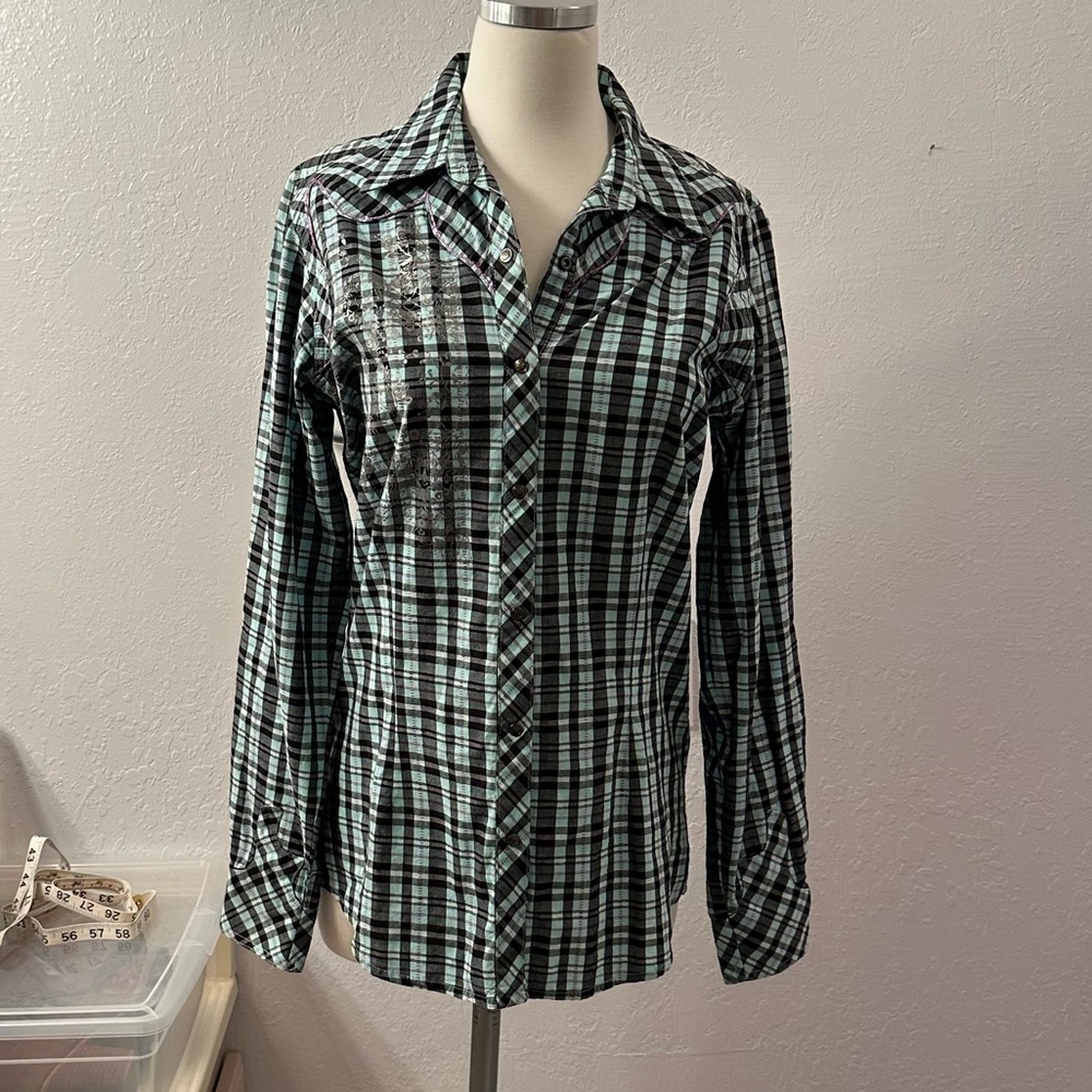 Rock 47 by Wrangler plaid snap front mint green, black & gray top size Medium